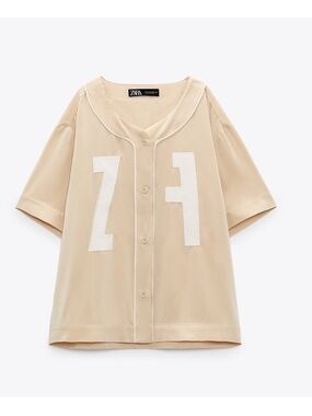 Zara Beige Short-Sleeve Button Front Top with White Number Patches